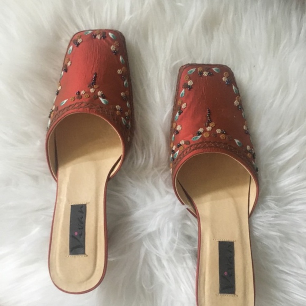 VIVAN‎ rust satin beaded mules